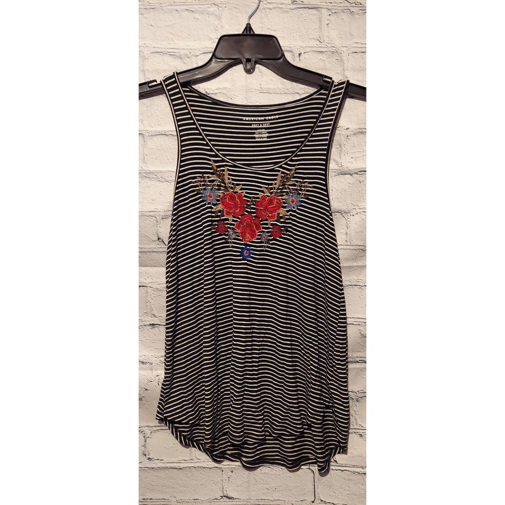 American Eagle Womens Small Tank Top Black White Stripe Floral Embroidered NWOT